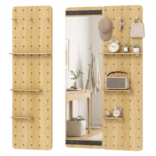 Solid Wood Full Length Mirror with Pegboard & Shelves and Hooks for Entryway-Natural W2B