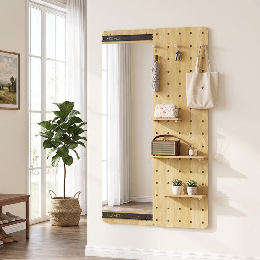 Solid Wood Full Length Mirror with Pegboard & Shelves and Hooks for Entryway-Natural W2B