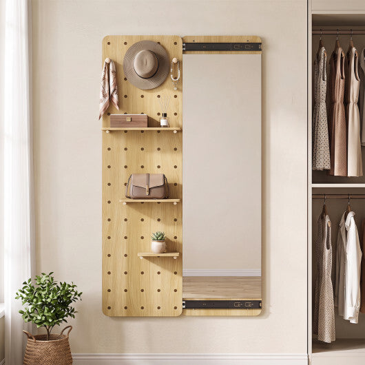 Solid Wood Full Length Mirror with Pegboard & Shelves and Hooks for Entryway-Natural W2B