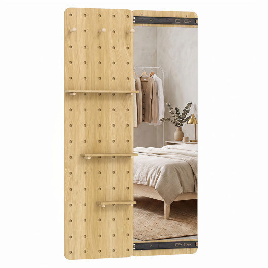 Solid Wood Full Length Mirror with Pegboard & Shelves and Hooks for Entryway-Natural W2B