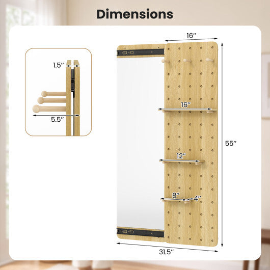 Solid Wood Full Length Mirror with Pegboard & Shelves and Hooks for Entryway-Natural W2B