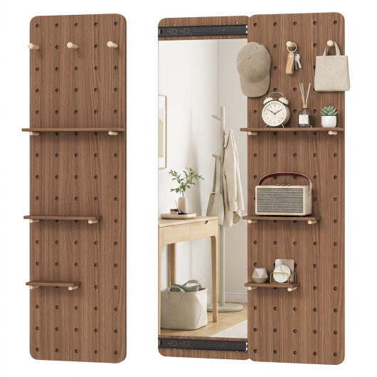 Solid Wood Full Length Mirror with Pegboard & Shelves and Hooks for Entryway-Natural W2B
