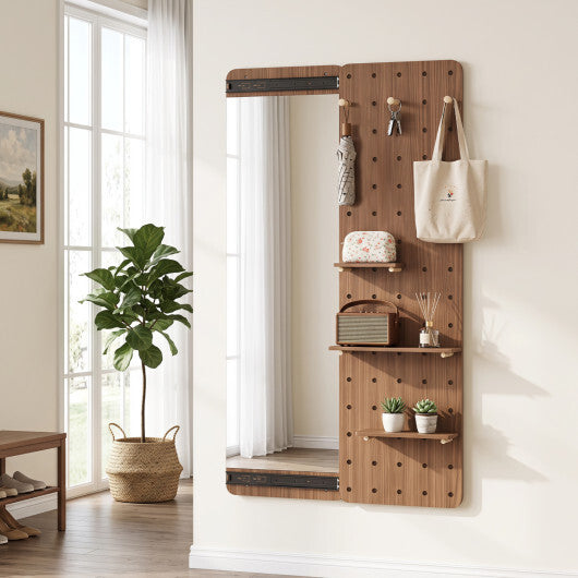Solid Wood Full Length Mirror with Pegboard & Shelves and Hooks for Entryway-Natural W2B
