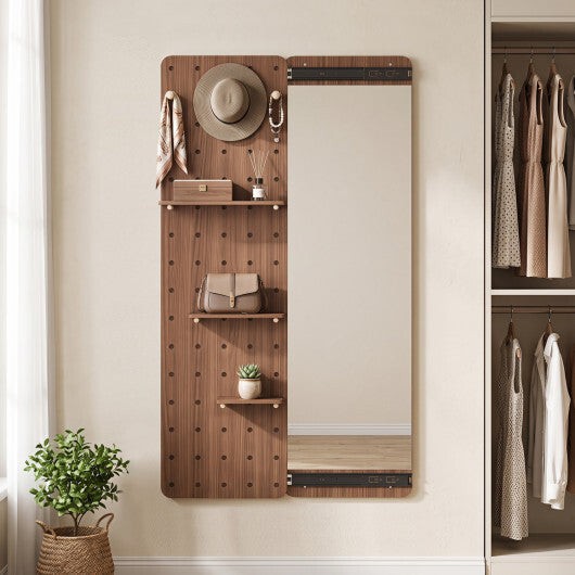 Solid Wood Full Length Mirror with Pegboard & Shelves and Hooks for Entryway-Natural W2B