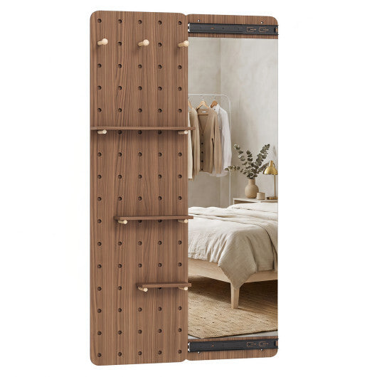 Solid Wood Full Length Mirror with Pegboard & Shelves and Hooks for Entryway-Natural W2B