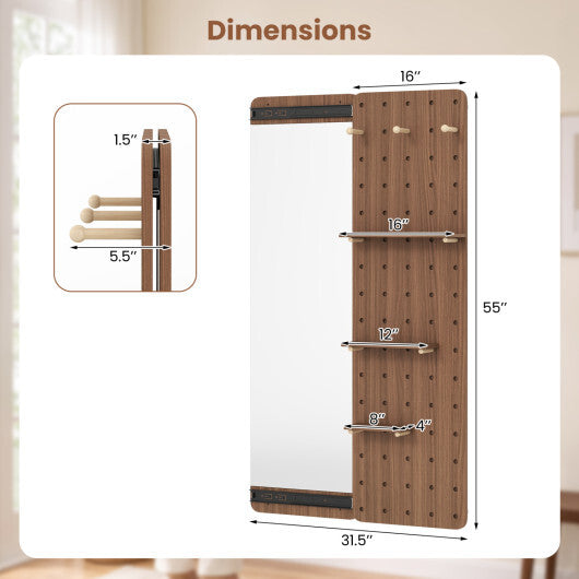 Solid Wood Full Length Mirror with Pegboard & Shelves and Hooks for Entryway-Natural W2B