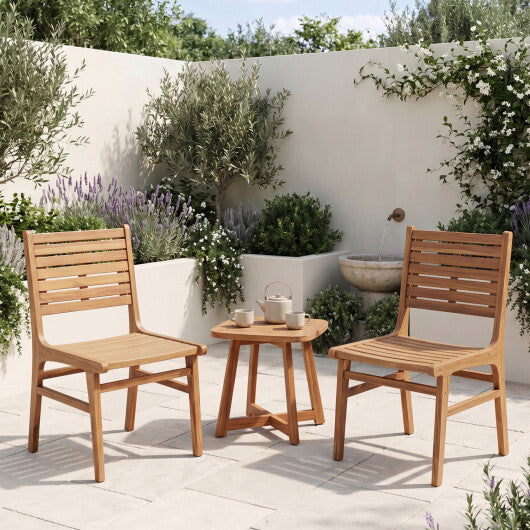 Natural Wood Armless Patio Chair with Slanted Back and Slatted Seat W2B