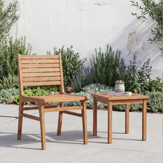 Natural Wood Armless Patio Chair with Slanted Back and Slatted Seat W2B