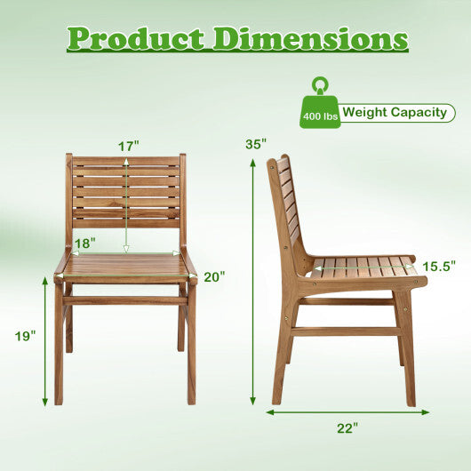 Natural Wood Armless Patio Chair with Slanted Back and Slatted Seat W2B