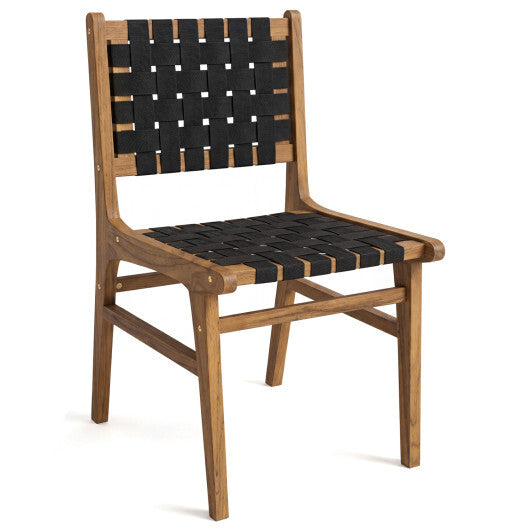 Solid Teak Hand-Woven Strap Outdoor Dining Chair with Flex Support for Deck Garden W2B