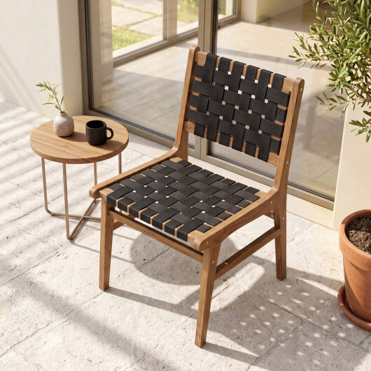 Solid Teak Hand-Woven Strap Outdoor Dining Chair with Flex Support for Deck Garden W2B