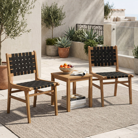 Solid Teak Hand-Woven Strap Outdoor Dining Chair with Flex Support for Deck Garden W2B