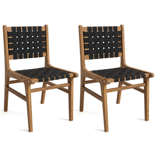 Solid Teak Hand-Woven Strap Outdoor Dining Chair with Flex Support for Deck Garden W2B