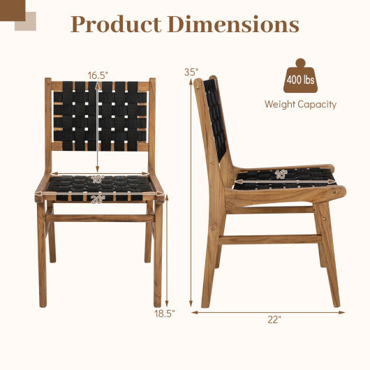 Solid Teak Hand-Woven Strap Outdoor Dining Chair with Flex Support for Deck Garden W2B