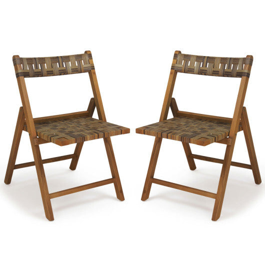 Teak Folding Chairs Set of 2 with Hand-Woven Rattan and Contoured Back W2B