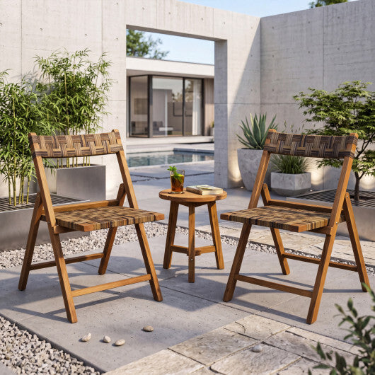 Teak Folding Chairs Set of 2 with Hand-Woven Rattan and Contoured Back W2B