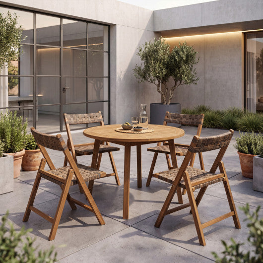 Teak Folding Chairs Set of 2 with Hand-Woven Rattan and Contoured Back W2B