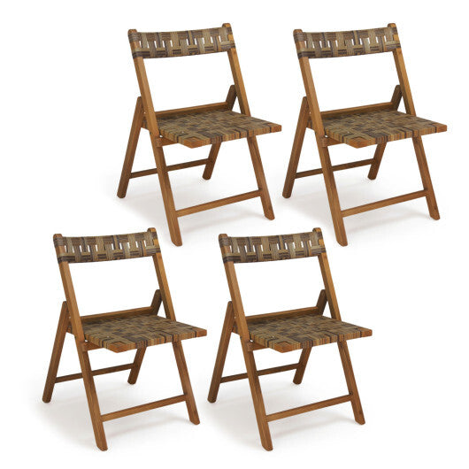 Teak Folding Chairs Set of 2 with Hand-Woven Rattan and Contoured Back W2B