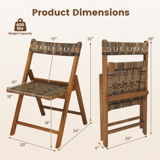 Teak Folding Chairs Set of 2 with Hand-Woven Rattan and Contoured Back W2B