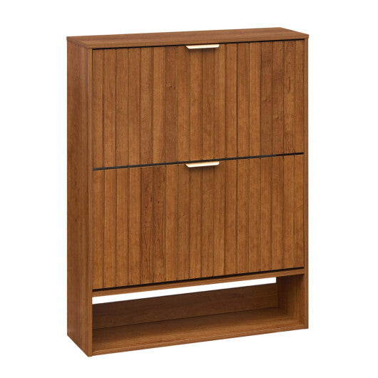 Fluted Hidden Shoe Cabinet with 2 Flip Drawers and Open Storage-Walnut W2B