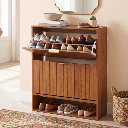 Fluted Hidden Shoe Cabinet with 2 Flip Drawers and Open Storage-Walnut W2B