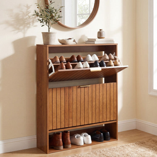 Fluted Hidden Shoe Cabinet with 2 Flip Drawers and Open Storage-Walnut W2B