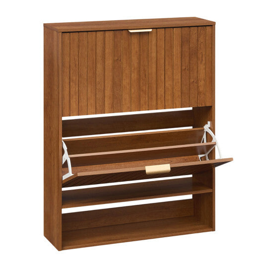 Fluted Hidden Shoe Cabinet with 2 Flip Drawers and Open Storage-Walnut W2B