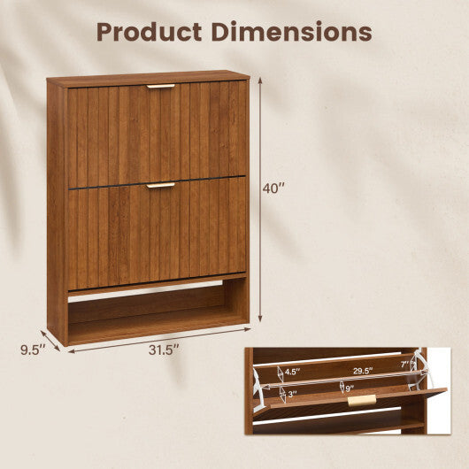 Fluted Hidden Shoe Cabinet with 2 Flip Drawers and Open Storage-Walnut W2B