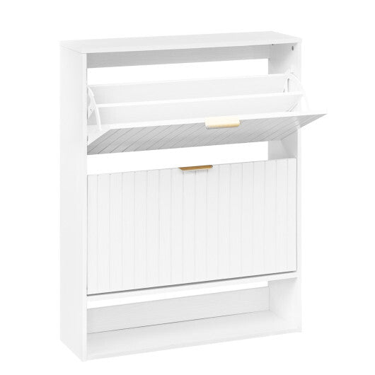 Fluted Hidden Shoe Cabinet with 2 Flip Drawers and Open Storage-Walnut W2B