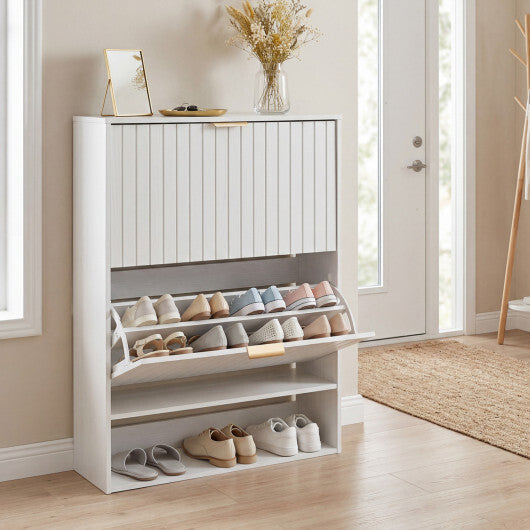 Fluted Hidden Shoe Cabinet with 2 Flip Drawers and Open Storage-Walnut W2B