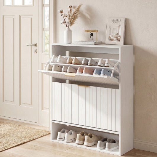 Fluted Hidden Shoe Cabinet with 2 Flip Drawers and Open Storage-Walnut W2B