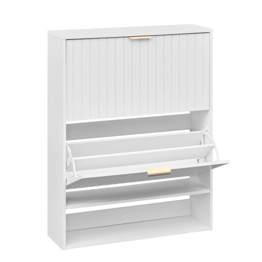 Fluted Hidden Shoe Cabinet with 2 Flip Drawers and Open Storage-Walnut W2B