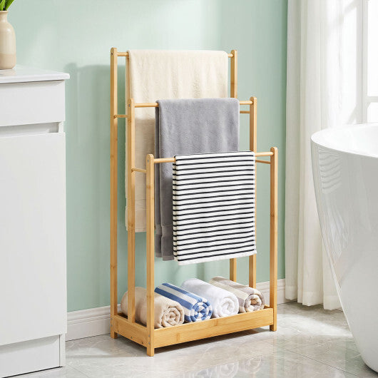 3 Tier Free Standing Bamboo Towel Rack with Storage Shelf-Natural W2B