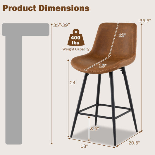 24 Inch Bar Stools Set of 2 with Backs and Footrests-Brown W2B