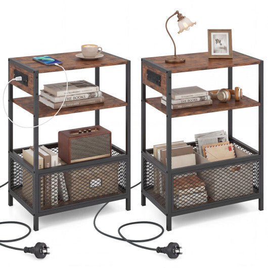 3-Tier Industrial Side Table Set of 2 with 2 AC Outlets and 1 Type-C Ports-Rustic Brown W2B