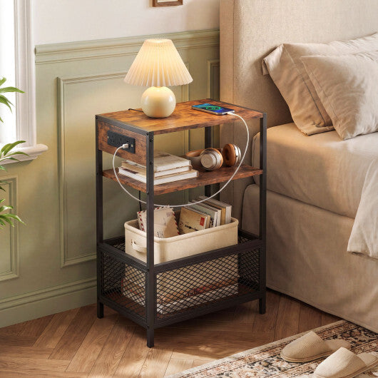 3-Tier Industrial Side Table Set of 2 with 2 AC Outlets and 1 Type-C Ports-Rustic Brown W2B