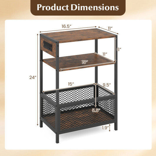 3-Tier Industrial Side Table Set of 2 with 2 AC Outlets and 1 Type-C Ports-Rustic Brown W2B