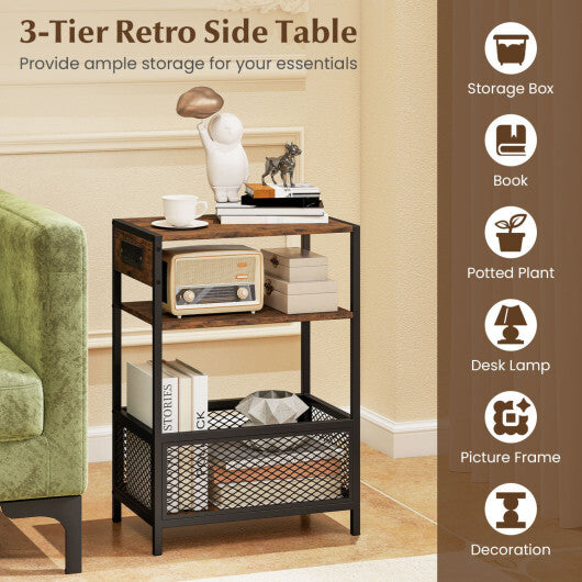 3-Tier Industrial Side Table Set of 2 with 2 AC Outlets and 1 Type-C Ports-Rustic Brown W2B