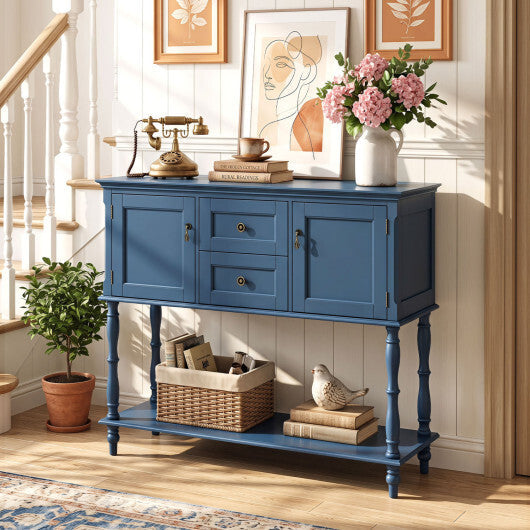 Console Table with 2 Drawers and 2 Door Cabinets and Bottom Storage Shelf-Blue W2B