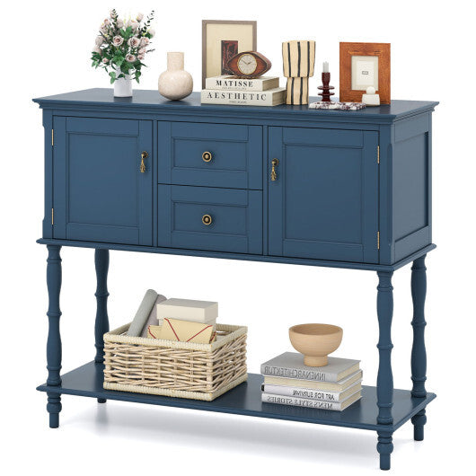 Console Table with 2 Drawers and 2 Door Cabinets and Bottom Storage Shelf-Blue W2B