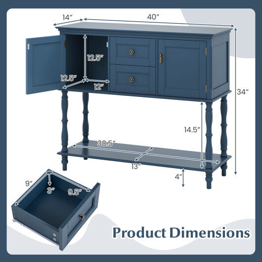 Console Table with 2 Drawers and 2 Door Cabinets and Bottom Storage Shelf-Blue W2B