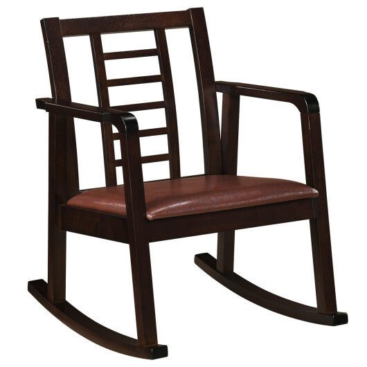 Wooden Rocking Chair with Upholstered Seat and Ladder Back for Living Room-Brown W2B