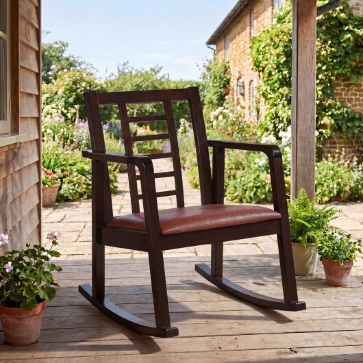 Wooden Rocking Chair with Upholstered Seat and Ladder Back for Living Room-Brown W2B