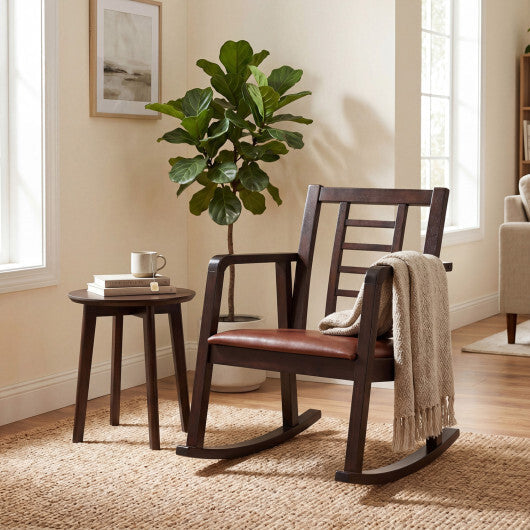 Wooden Rocking Chair with Upholstered Seat and Ladder Back for Living Room-Brown W2B