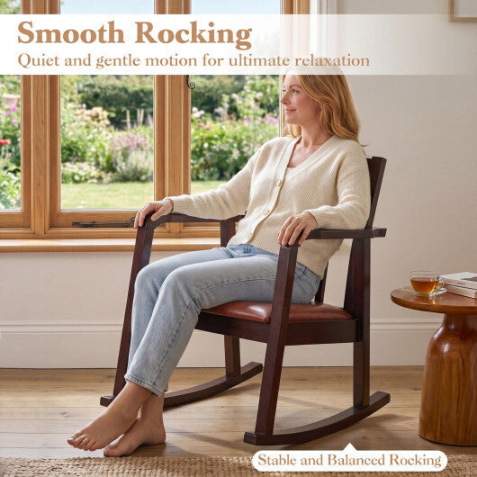 Wooden Rocking Chair with Upholstered Seat and Ladder Back for Living Room-Brown W2B