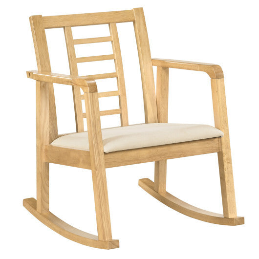 Wooden Rocking Chair with Upholstered Seat and Ladder Back for Living Room-Brown W2B
