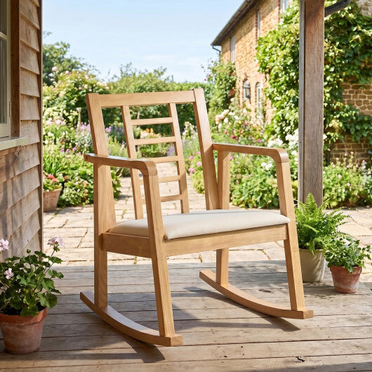 Wooden Rocking Chair with Upholstered Seat and Ladder Back for Living Room-Brown W2B