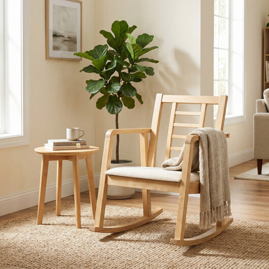Wooden Rocking Chair with Upholstered Seat and Ladder Back for Living Room-Brown W2B