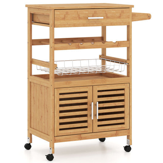 Bamboo Rolling Kitchen Island Trolley with Storage Cabinet and Wine Rack-Natural W2B