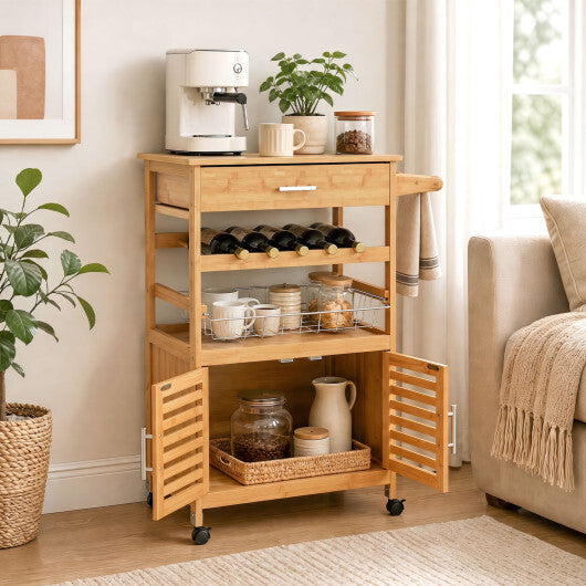 Bamboo Rolling Kitchen Island Trolley with Storage Cabinet and Wine Rack-Natural W2B